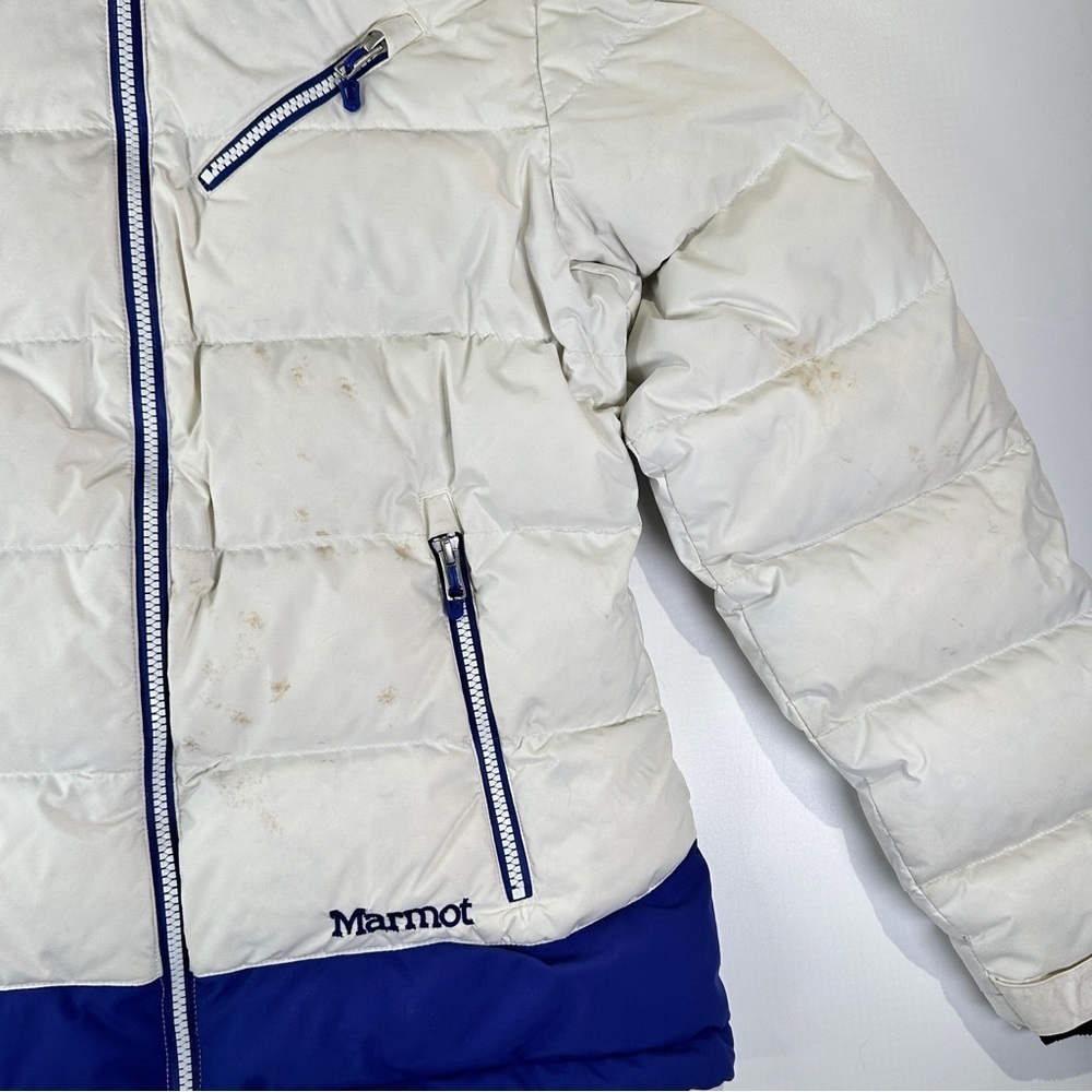 Marmot Men’s 700 Fill Down Jacket Hooded Winter Blue White Medium - Picture 3 of 16